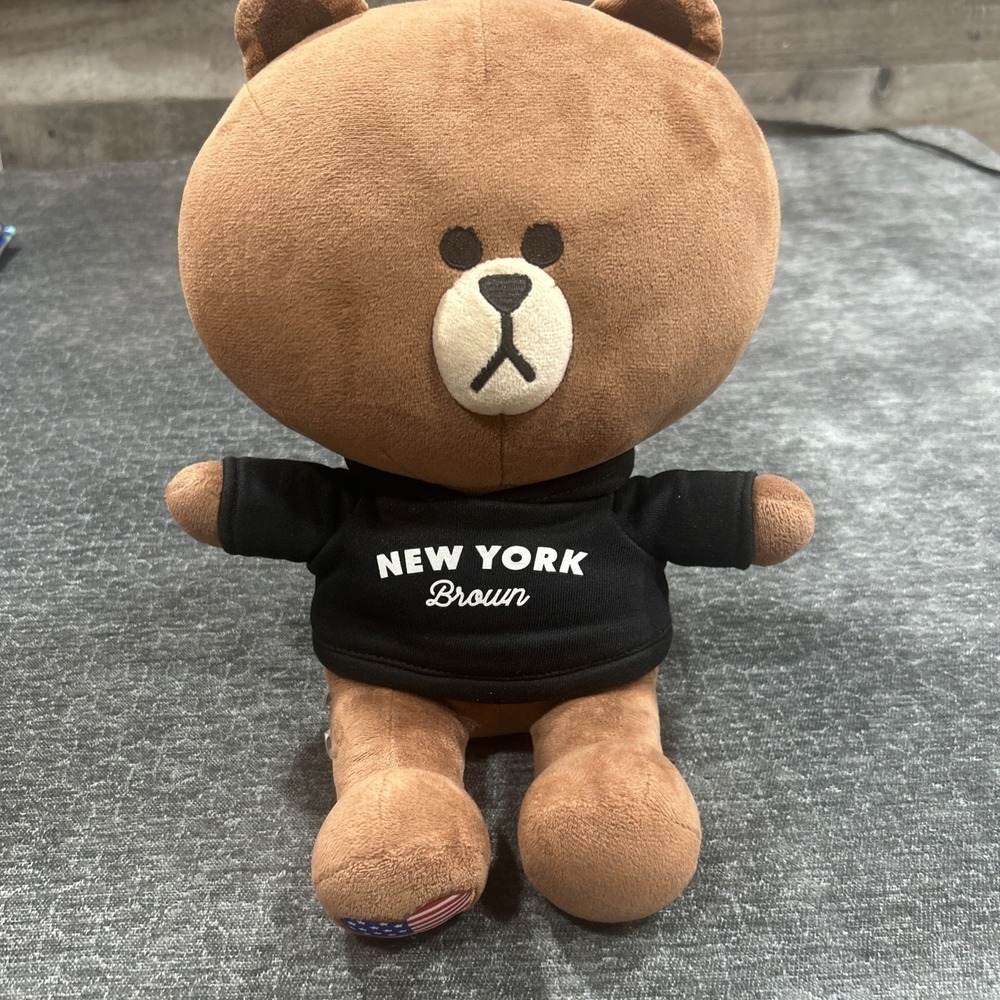 Vintage LINE FRIENDS BROWN Stuffed New York Bear Plush Toy 14" - USA flag patch